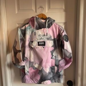 DOPE Pink and Gray Ski Jacket with Hood and Camouflage Design